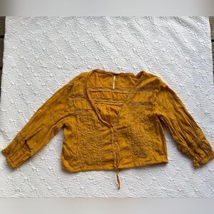 Free People Mustard Embroidered Tie-Front Blouse